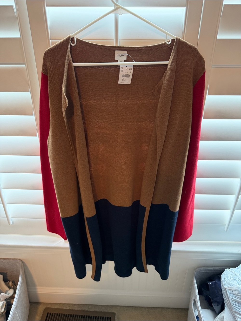 J. Crew Colorblock Open Cardigan in Camel, Navy & Red
